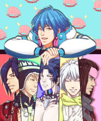 Rule 34 | 10s, blue hair, brown hair, clear (dramatical murder), collar, doktor crimson, dramatical murder, earrings, closed eyes, facial mark, gloves, green eyes, green scarf, hand on own chest, hat, headphones, headphones around neck, jacket, jewelry, koujaku, light brown hair, mink (dramatical murder), necktie, noiz (dramatical murder), open mouth, purple hair, red eyes, ren (dramatical murder), scar, scarf, seragaki aoba, smile, spiked collar, spikes, tattoo, white gloves, white hair, yellow eyes