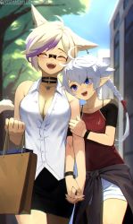 Rule 34 | 2girls, ^ ^, ahoge, alisaie leveilleur, animal ears, arm grab, warrior of light (ff14), bag, black choker, black skirt, blouse, blue eyes, braid, braided ponytail, breasts, cat ears, character request, choker, cleavage, closed eyes, clothes around waist, commentary, commission, contemporary, day, elezen, elf, english commentary, closed eyes, fictional persona, final fantasy, final fantasy xiv, fingernails, flat chest, happy, highres, holding hands, large breasts, maria reya, miqo&#039;te, multicolored hair, multiple girls, partially unbuttoned, pencil skirt, platinum blonde hair, pointy ears, purple hair, raglan sleeves, rimless eyewear, shirt, shopping, shopping bag, shorts, single braid, skirt, sleeveless, sleeveless shirt, streaked hair, sweater, sweater around waist, teeth, tostantan, upper teeth only, watch, white hair, white shorts, wristwatch, yuri