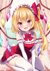 1girl absurdres bed bed_sheet blonde_hair blush bow breasts curtains dress flandre_scarlet green_background highres looking_at_viewer orange_eyes red_bow red_dress shirotsuki_shirone side_ponytail small_breasts smile solo thighhighs touhou white_background white_thighhighs wings