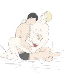 Rule 34 | 2boys, abs, bara, bertolt hoover, black hair, black male underwear, blonde hair, blush, boxer briefs, couple, cute potato (cute potato ner), flat color, from side, full body, highres, kissing pectoral, large pectorals, male focus, male underwear, multiple boys, muscular, muscular male, nipples, pectorals, red male underwear, reiner braun, shingeki no kyojin, short hair, sitting, sitting on lap, sitting on person, smile, thick thighs, thighs, topless male, underwear, underwear only, unfinished, white background, yaoi
