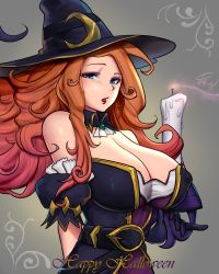 Rule 34 | 1girl, absurdres, alternate costume, alternate weapon, belt, bewitching miss fortune, big hair, black gloves, blue eyes, breasts, candle, cleavage, commentary request, covered erect nipples, detached collar, detached sleeves, eyeshadow, gloves, grey background, gun, handgun, hat, highres, large breasts, league of legends, lipstick, long hair, makeup, miss fortune (league of legends), orange hair, pinky out, solo, weapon, wei miao, witch, witch hat