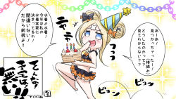 Rule 34 | +++, 1girl, :d, abigail williams (emerald float) (fate), abigail williams (fate), bare arms, bare legs, bare shoulders, barefoot, bikini, birthday cake, black bikini, black bow, blonde hair, blue eyes, bow, cake, commentary request, crossed bandaids, double bun, emerald float, fate/grand order, fate (series), food, hair bow, hair bun, hand to own mouth, hand up, highres, holding, holding food, neon-tetora, official alternate costume, open mouth, orange bow, parted bangs, sidelocks, smile, smug, solo, sparkle, standing, standing on one leg, swimsuit, translation request, white background
