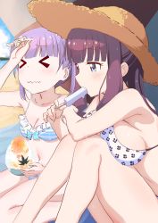 Rule 34 | &gt; &lt;, 2girls, :s, beach, bikini, blue eyes, blunt bangs, blush, bowl, brain freeze, breast press, breasts, closed eyes, day, eating, feet out of frame, food, from side, hat, highres, holding, hot, ice cream, ice cream spoon, large breasts, makicha (sasurainopink), multiple girls, new game!, popsicle, purple hair, red hair, shaved ice, sitting, spoon, straw hat, suzukaze aoba, sweat, swimsuit, takimoto hifumi, twintails, wavy mouth