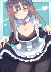 Rule 34 | 1girl, azur lane, black pantyhose, breasts, brown hair, cleavage, clothes lift, collar, corset, crotch seam, detached sleeves, green eyes, hair ribbon, highres, kogalashi, large breasts, lifted by self, maid, newcastle (azur lane), panties, pantyhose, pantyshot, ribbon, sidelocks, skirt, skirt lift, smile, solo, thighband pantyhose, two side up, underwear, victorian maid