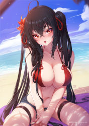 Rule 34 | 1girl, ahoge, azur lane, bikini, black hair, breasts, cleavage, crossed bangs, flower, hair between eyes, hair flower, hair ornament, hair ribbon, halterneck, holding, large breasts, long hair, looking at viewer, micro shorts, mitsu (mitsu art), nail polish, navel, open mouth, pink nails, red bikini, red eyes, red flower, red ribbon, ribbon, shorts, sitting, skindentation, solo, stomach, swimsuit, taihou (azur lane), thigh strap, thighs, twintails, v arms, very long hair