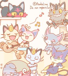 Rule 34 | acoustic guitar, alolan form, alolan meowth, animal focus, asakoline, blue eyes, cat, closed eyes, coin, creatures (company), crossed legs, espurr, fang, fangs, galarian form, galarian meowth, game freak, gen 1 pokemon, gen 3 pokemon, gen 4 pokemon, gen 5 pokemon, gen 6 pokemon, gen 7 pokemon, gen 8 pokemon, glameow, green eyes, guitar, holding, holding guitar, holding instrument, instrument, leaning, litten, meowth, music, musical note, nintendo, paw print, pillow, playing guitar, playing instrument, pokemon, pokemon (creature), purrloin, sharp teeth, shelf, singing, skitty, smile, teeth, whiskers, yellow eyes