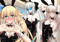 3girls absurdres ahoge animal_ears armpits arms_behind_head arms_up artoria_caster_(fate) artoria_pendragon_(all) artoria_pendragon_(fate) bare_shoulders black_bow black_leotard blonde_hair blue_eyes blush bow bowtie braid breasts cleavage collarbone covered_navel detached_collar fake_animal_ears fake_tail fate/grand_order fate_(series) glasses green_eyes grey_hair hair_bow heart heart_hands highleg highleg_leotard highres large_breasts leotard long_hair longdq3008 looking_at_viewer medium_breasts morgan_le_fay_(fate) multiple_girls no_bra parted_lips playboy_bunny ponytail rabbit_ears rabbit_tail saber_alter sidelocks smile solo tail thighs twintails very_long_hair wrist_cuffs yellow_eyes