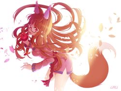 Rule 34 | 1girl, absurdres, animal ears, apple, artist name, bespectacled, brown hair, food, fruit, glasses, highres, holo, long hair, petals, pouch, q9q, red-framed eyewear, red eyes, semi-rimless eyewear, solo, spice and wolf, tail, under-rim eyewear, wolf ears, wolf tail