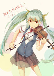 Rule 34 | 1girl, absurdres, bad id, bad pixiv id, green hair, happy birthday, hatsune miku, highres, huanxiang heitu, instrument, long hair, music, necktie, playing instrument, red eyes, skirt, solo, twintails, very long hair, violin, vocaloid