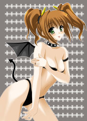 Rule 34 | 00s, 1girl, :p, absurdres, bat wings, breast hold, breasts, brown hair, choker, cleavage, demon tail, green eyes, highres, idolmaster, idolmaster (classic), idolmaster 1, oda ken&#039;ichi, solo, tail, takatsuki yayoi, tongue, tongue out, twintails, wings