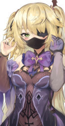 Rule 34 | 1girl, absurdres, arm scrunchie, black nails, blonde hair, blush, bow, breasts, dress, elbow gloves, eyepatch, facial mask, fischl (genshin impact), genshin impact, gloves, green eyes, has bad revision, has downscaled revision, highres, huge filesize, long hair, mask, md5 mismatch, medium breasts, mouth mask, nail polish, purple bow, purple dress, purple neckwear, resolution mismatch, revision, scrunchie, simple background, single glove, solo, source smaller, torriet, two side up, white background