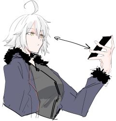 Rule 34 | ahoge, black dress, cellphone, dress, fate/grand order, fate (series), fur trim, highres, jeanne d&#039;arc (fate), jeanne d&#039;arc alter (fate), jeanne d&#039;arc alter (ver. shinjuku 1999) (fate), official alternate costume, phone, pout, pouty lips, sayota, short hair, silver hair, sketch, smartphone, solo, wicked dragon witch ver. shinjuku 1999, yellow eyes