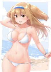 Rule 34 | 1girl, :d, beach, bikini, blonde hair, blue sky, blush, bracelet, breasts, brown eyes, cloud, collarbone, day, hairband, highres, i-26 (kancolle), jewelry, kantai collection, long hair, looking at viewer, medium breasts, navel, ocean, open mouth, sand, side-tie bikini bottom, sky, smile, solo, swimsuit, two side up, wamu (chartreuse), white bikini