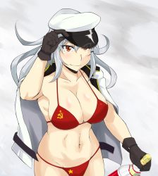 Rule 34 | armpits, bikini, bottle, breasts, commentary request, cowboy shot, gangut (kancolle), grey background, grey hair, hammer and sickle, hat, highres, holding, holding bottle, jacket, kantai collection, large breasts, long hair, navel, peaked cap, red bikini, red eyes, shigeru (shigel marv), solo, swimsuit, white jacket