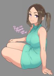 Rule 34 | 1girl, 2020, agawa ryou, arm support, artist name, bare shoulders, breasts, brown hair, commentary, dated, green sweater, grey background, large breasts, light smile, looking at viewer, original, ponytail, purple eyes, signature, simple background, sitting, sleeveless, sleeveless turtleneck, smile, solo, sweater, thighs, turtleneck