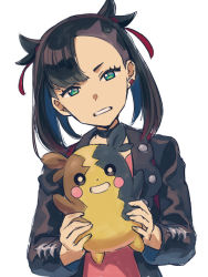 Rule 34 | 1girl, asada hachi, asymmetrical bangs, black choker, black jacket, choker, clenched teeth, commentary, creatures (company), dated commentary, dress, earrings, game freak, gen 8 pokemon, green eyes, grin, hair ribbon, holding, holding pokemon, jacket, jewelry, looking at viewer, marnie (pokemon), medium hair, morpeko, morpeko (full), nintendo, open clothes, open jacket, pink dress, pokemon, pokemon (creature), pokemon swsh, red ribbon, ribbon, simple background, sketch, smile, teeth, twintails, undercut, upper body, white background