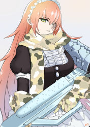Rule 34 | 1girl, assault rifle, camouflage, camouflage gloves, camouflage scarf, cyicheng, cz2128 delta, eyepatch, gloves, green eyes, gun, holding, holding gun, holding weapon, looking at viewer, maid, maid headdress, overlord (maruyama), parted lips, pink hair, rifle, scarf, simple background, solo, standing, trigger discipline, weapon