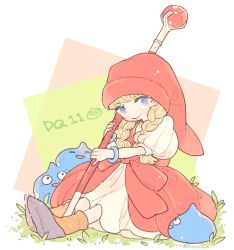 Rule 34 | 1girl, blonde hair, blue eyes, bow, bracelet, closed mouth, copyright name, dragon quest, dragon quest xi, dress, full body, grass, hat, holding, holding staff, jewelry, katiko, long hair, no nose, puffy short sleeves, puffy sleeves, red bow, red headwear, short sleeves, sitting, slime (creature), slime (dragon quest), smile, staff, twintails, twitter username, veronica (dq11), waist bow, white dress