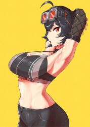 1girl ahoge armpits arms_behind_head arms_up black_bra black_hair black_pants bra breasts cleavage crop_top goggles goggles_on_head grace_howard large_breasts looking_at_viewer navel open_mouth pants red-framed_eyewear red_eyes short_hair solo sports_bra stomach underwear yellow_background yodokogon zenless_zone_zero zipper