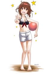 Rule 34 | 1girl, aaoi, adapted costume, ball, barefoot, bikini, black bikini, brown eyes, brown hair, hair flaps, hairband, highres, kantai collection, looking at viewer, low twintails, official alternate costume, red hairband, shiratsuyu (kancolle), short hair, shorts, simple background, smile, solo, swimsuit, twintails, white background, white shorts
