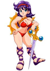 Rule 34 | 1girl, absurdres, athena (series), bikini, blue eyes, breasts, cleavage, feet, gladiator sandals, hand on own hip, highres, large breasts, legs, long hair, navel, open mouth, princess athena, purple hair, red bikini, sandals, smile, snk, solo, swimsuit, sword, thighs, weapon