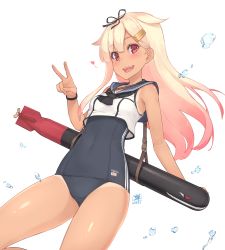 Rule 34 | 1girl, alternate costume, bare shoulders, black ribbon, blonde hair, blush, breasts, collarbone, commentary request, cosplay, covered navel, cowboy shot, crop top, dan (kumadan), dated, gradient hair, hair between eyes, hair flaps, hair ornament, hair ribbon, heart, highres, japanese flag, kantai collection, long hair, looking at viewer, multicolored hair, one-piece swimsuit, one-piece tan, open mouth, pink lips, red eyes, ribbon, ro-500 (kancolle), ro-500 (kancolle) (cosplay), sailor collar, school swimsuit, school uniform, serafuku, shirt, signature, sleeveless, sleeveless shirt, small breasts, solo, splashing, spoken heart, swimsuit, swimsuit under clothes, tan, tanline, thighs, torpedo, v, water, white background, yuudachi (kancolle)