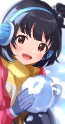 Rule 34 | 1girl, :d, black hair, blue gloves, brown eyes, earmuffs, gloves, hairband, highres, idolmaster, idolmaster million live!, idolmaster million live! theater days, inuyama nanami, looking at viewer, medium hair, nakatani iku, open mouth, red sweater, scarf, smile, snow, solo, sweater, upper body, yellow scarf
