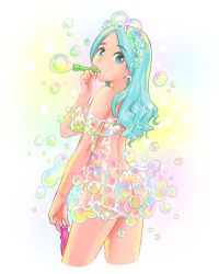 Rule 34 | 1girl, air bubble, aqua hair, ass, blue eyes, bottle, breasts, bubble, blowing bubbles, censored, censored nipples, commentary request, dot nose, feet out of frame, from behind, himeshaga, holding, holding bottle, in mouth, looking at viewer, medium breasts, medium hair, nude, original, parted bangs, simple background, solo, standing