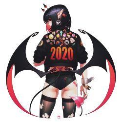 Rule 34 | 1girl, 2020, absurdres, ao no roku-gou, ass, bandaid, bandaid on ass, bilibili, black hair, black thighhighs, creatures (company), demon tail, demon wings, ear piercing, earrings, from behind, game freak, highres, jacket, jewelry, lance of longinus (evangelion), lightning bolt symbol, looking at viewer, looking back, low wings, master sword, micro shorts, mutio, neon genesis evangelion, nintendo, original, piercing, pointy ears, poke ball, poke ball (basic), pokemon, print jacket, profile, short hair, shorts, simple background, skindentation, solo, tail, the legend of zelda, thighhighs, torn clothes, torn thighhighs, triforce, white background, wings, yan wan