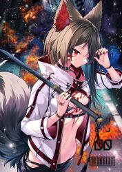 Rule 34 | 07touka25, 1girl, animal ears, barcode, barcode tattoo, black bra, bra, bracelet, breasts, brown hair, closed mouth, collar, expressionless, facial mark, highres, jacket, jewelry, long hair, long sleeves, navel, open clothes, open jacket, original, partially unzipped, red eyes, red nails, ring, small breasts, stomach, sword, tail, tattoo, underwear, weapon, whisker markings, white jacket, wolf ears, wolf girl, wolf tail
