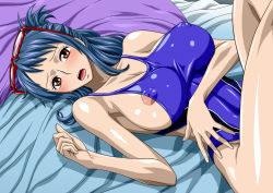 Rule 34 | 1girl, areola slip, bare arms, bare legs, bare shoulders, bed, blue hair, blue one-piece swimsuit, blush, breasts, brown eyes, cleavage, covered erect nipples, feet, female focus, game cg, glasses, hair up, large breasts, legs, long hair, looking at viewer, lying, nel-zel formula, on bed, one-piece swimsuit, one piece, shiny skin, sleeveless, solo, swimsuit, tashigi