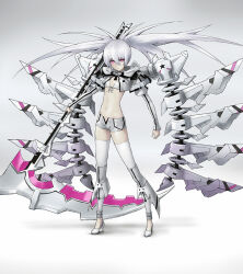 1girl bikini black_rock_shooter black_rock_shooter_(game) high_heels long_hair mechanical_wings pink_eyes scythe shorts simple_background solo swimsuit twintails white_background white_bikini white_hair white_rock_shooter white_shorts wings yara_kami_meiosei