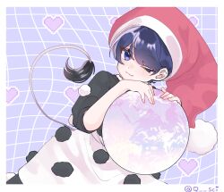 Rule 34 | 1girl, :3, absurdres, blue background, blue eyes, blue hair, border, closed mouth, doremy sweet, dress, grid background, hat, heart, heart background, highres, leaning on object, looking at viewer, nightcap, one-hour drawing challenge, one eye closed, orb, pom pom (clothes), red hat, short hair, short sleeves, smile, solo, tail, tail raised, tapir tail, touhou, twitter username, white border, yoshino (q sci)