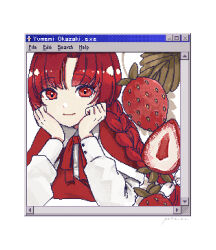 Rule 34 | 1girl, capelet, closed mouth, collared shirt, commentary request, food, fruit, hand on own cheek, hand on own face, highres, long sleeves, looking at viewer, neck ribbon, okazaki yumemi, poteimo (poteimo622), puffy sleeves, red capelet, red eyes, red hair, red ribbon, red vest, ribbon, shirt, smile, solo, strawberry, touhou, touhou (pc-98), vest, white shirt