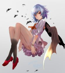 Rule 34 | 1girl, alternate costume, arms at sides, ascot, bat (animal), bat wings, black socks, blue hair, closed mouth, dress, from side, full body, houdukixx, looking to the side, no headwear, no headwear, one-hour drawing challenge, puffy sleeves, red eyes, red footwear, remilia scarlet, shoes, short dress, short hair, smile, socks, solo, touhou, white dress, wings, wristband