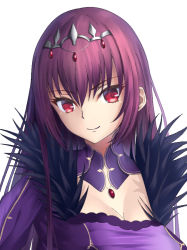 Rule 34 | 1girl, breasts, cleavage, closed mouth, dress, fate/grand order, fate (series), feather trim, hair between eyes, head tilt, headpiece, medium breasts, mishiro (ixtlolton), purple dress, red eyes, red hair, scathach (fate), scathach skadi (fate), simple background, smile, solo, upper body, white background