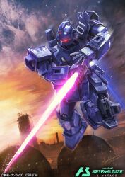 Rule 34 | beam saber, blue destiny 01, building, commentary request, copyright name, earth federation, eye trail, flying, glowing, glowing eyes, gundam, gundam arsenal base, gundam side story: the blue destiny, hayaken sarena, holding, holding sword, holding weapon, light trail, mecha, mobile suit, no humans, official art, outdoors, red eyes, robot, science fiction, signature, solo, sword, weapon
