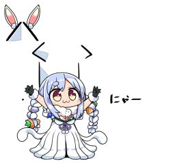 Rule 34 | 1girl, :3, animal ears, arms up, black gloves, black leotard, blue hair, blush, bow, braid, brown eyes, carrot hair ornament, closed mouth, detached ears, detached sleeves, don-chan (usada pekora), dress, food-themed hair ornament, fur-trimmed gloves, fur trim, gloves, hair bow, hair ornament, hololive, kanikama, leotard, multicolored hair, puffy short sleeves, puffy sleeves, rabbit ears, short eyebrows, short sleeves, strapless, strapless dress, strapless leotard, thick eyebrows, translated, twin braids, twintails, two-tone hair, usada pekora, usada pekora (1st costume), virtual youtuber, white background, white bow, white dress, white hair, white sleeves