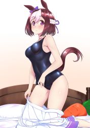 Rule 34 | 1girl, a9b (louis814), absurdres, animal ears, bed, blue one-piece swimsuit, brown hair, carrot, commentary request, commission, full body, gradient background, highres, horse ears, horse girl, horse tail, kneeling, looking at viewer, multicolored hair, one-piece swimsuit, pillow, pleated skirt, school swimsuit, skeb commission, skirt, unworn skirt, solo, special week (umamusume), swimsuit, tail, two-tone hair, umamusume, white hair, white skirt