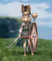 Rule 34 | 1girl, armor, asymmetrical armor, blonde hair, blurry, blurry background, chainmail, cloak, commission, day, dongsa wonhyong, full body, greaves, green cloak, green eyes, helmet, highres, holding, holding shield, holding sword, holding weapon, original, outdoors, pauldrons, pixiv commission, plaid, plaid cloak, sandals, shield, shoulder armor, solo, standing, sword, tail, weapon