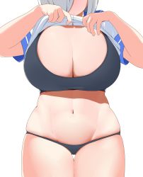 Rule 34 | 1girl, black bra, black panties, blush, bra, breasts, cleavage, closed mouth, clothes lift, commentary, cowboy shot, facing viewer, hamakaze (kancolle), hauto-san, head out of frame, highres, kantai collection, large breasts, lifted by self, navel, panties, sailor collar, shirt, shirt lift, short hair, short sleeves, silver hair, simple background, skindentation, solo, stomach, thigh gap, thighs, thong, underwear, white background, white shirt