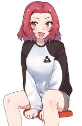 Rule 34 | 1girl, :d, blue nails, casual, commentary, fang, girls und panzer, grey shorts, highres, logo, long sleeves, looking at viewer, medium hair, nail polish, open mouth, orange eyes, raglan sleeves, red hair, rosehip (girls und panzer), shirt, shorts, simple background, sitting, skin fang, smile, solo, stool, v arms, white background, white shirt, zono (inokura syuzo029)