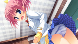 Rule 34 | 1girl, ass, blue eyes, blush, ceiling, from below, game cg, indoors, kunihiro hinata, long sleeves, muririn, noble works, open mouth, panties, pantyshot, pink hair, plaid, plaid skirt, pleated skirt, skirt, sleeves past wrists, solo, striped clothes, striped panties, underwear, uniform, upskirt, wavy mouth