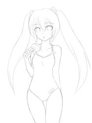 Rule 34 | 1girl, bad id, bad pixiv id, greyscale, hatsune miku, highres, kazenoko, lineart, long hair, monochrome, one-piece swimsuit, solo, swimsuit, twintails, vocaloid