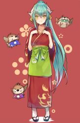 Rule 34 | 1girl, alternate costume, apron, aqua hair, bird, blush, breasts, collarbone, commentary request, fate/grand order, fate (series), green hair, hair between eyes, hair ornament, horns, inoue takuya (tactactak), japanese clothes, kimono, kiyohime (fate), large breasts, long hair, looking at viewer, red kimono, smile, solo, very long hair, yellow eyes