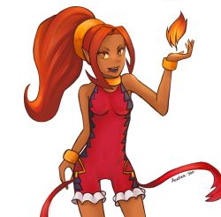 Rule 34 | 1girl, bodysuit, bracelet, dark skin, dark-skinned female, din, female focus, fire, jewelry, legs, long hair, magic, nintendo, open mouth, pointy ears, ponytail, red eyes, skin tight, solo, the legend of zelda, the legend of zelda: oracle of seasons, tongue, tongue out