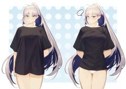 Rule 34 | ..., 1girl, ahoge, arms behind back, black shirt, blue eyes, blue hair, blush, breasts, closed mouth, colored inner hair, commentary request, dark blue hair, grey hair, hair between eyes, highres, large breasts, long hair, looking at viewer, looking away, meme, multicolored hair, original, oversized clothes, oversized shirt, panties, ponytail, shipl, shirt, simple background, standing, t-shirt, two-tone hair, underwear, white panties