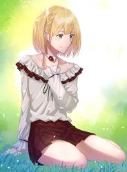 Rule 34 | 1boy, barefoot, blonde hair, braid, closed mouth, collar, commentary, detached collar, green eyes, hand on own neck, highres, long sleeves, looking to the side, male focus, matsuharu (lip-mil), miniskirt, nijisanji, on grass, on ground, outdoors, pleated skirt, puffy sleeves, shirt, short hair, skirt, smile, suzuya aki, thighs, trap, virtual youtuber, white shirt