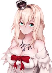Rule 34 | 10s, 1girl, absurdres, blonde hair, braid, breasts, cleavage, crown, dress, flower, french braid, green eyes, gunbam sonyeon, hairband, highres, jewelry, kantai collection, large breasts, long hair, looking at viewer, mini crown, necklace, off-shoulder dress, off shoulder, red flower, red ribbon, red rose, ribbon, rose, smile, solo, warspite (kancolle), white dress