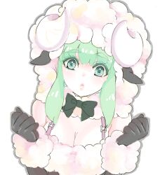 Rule 34 | :o, animal costume, animal ears, bad drawr id, bad id, black bow, black bowtie, black gloves, bow, bowtie, breasts, character request, cleavage, copyright request, dress, fur-trimmed dress, fur-trimmed hood, fur-trimmed sleeves, fur trim, gloves, green eyes, green hair, grey outline, hands up, hood, hood up, horns, large breasts, looking at viewer, oekaki, parted lips, pursed lips, sheep costume, sheep ears, sheep horns, sidelocks, simple background, solo, strap, taira, white background